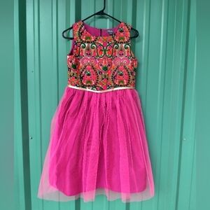 Girl's Hot Pink Floral Paisley Tapestry Hot  Pink Tuelle Dress Size 12/13